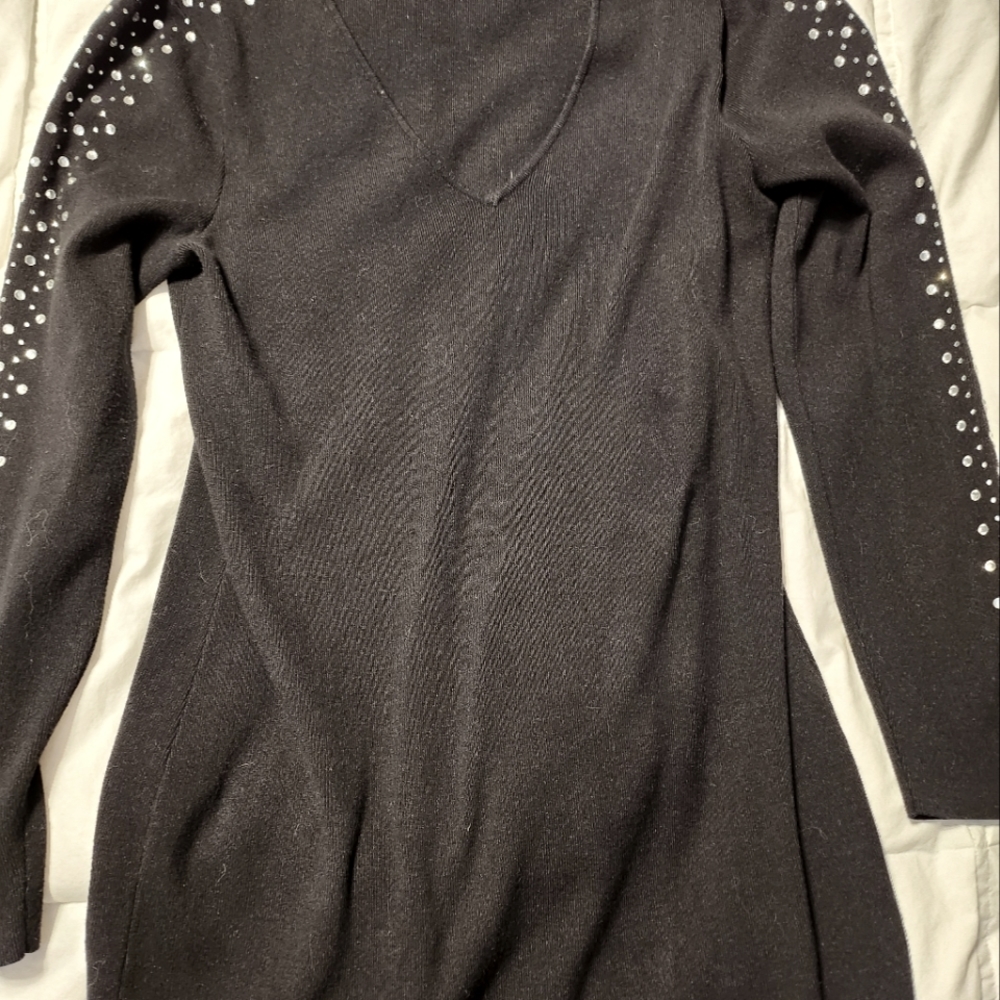 Black embellished mini sweater dress with long sleeves INC International Concept